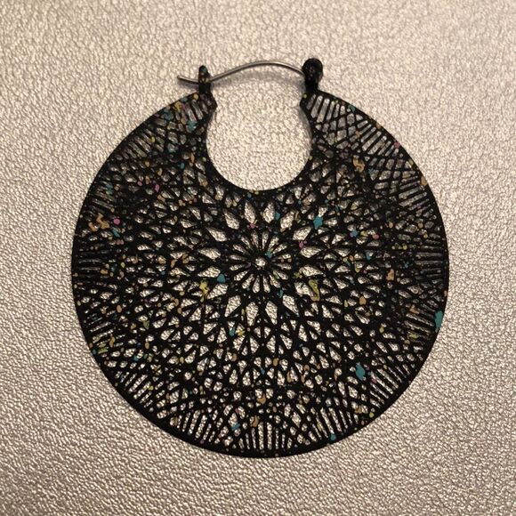 Black Filigree Hoops | Black with Multicolored Flecks | 2” Diameter - Picture 2 of 3